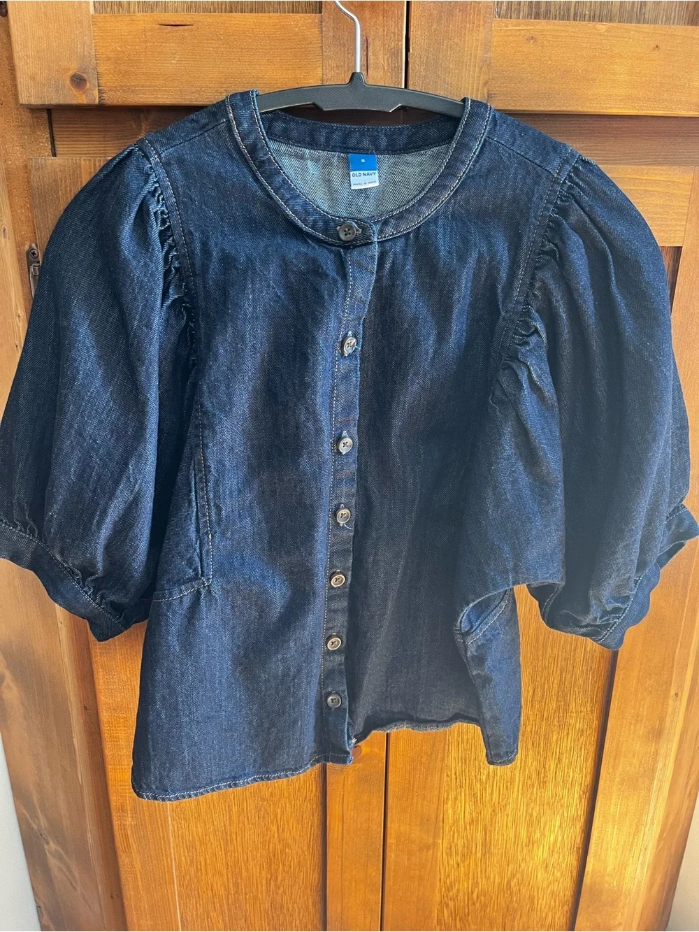Old Navy Dark Blue Cropped Denim Button-Up Top with Puff Sleeves